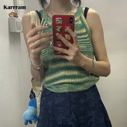 Karrram Japanese Harajuku Tank Tops Cottagecore Y2k Aesthetics Striped Vest Women Korean Fashion Kawaii Knit Crop Tops Vintage