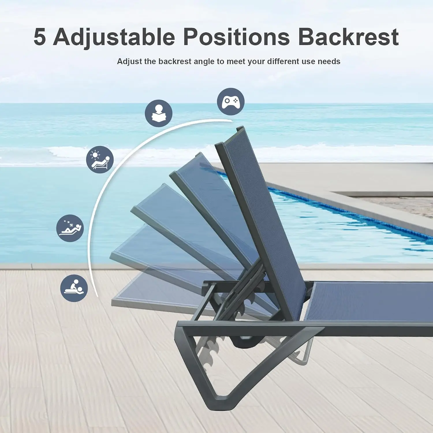 Aluminum Chaise Lounge Set 2 with Side Table, Patio Pool Chair 5-Position Adjustable Wheels Outdoor Garden, Customized