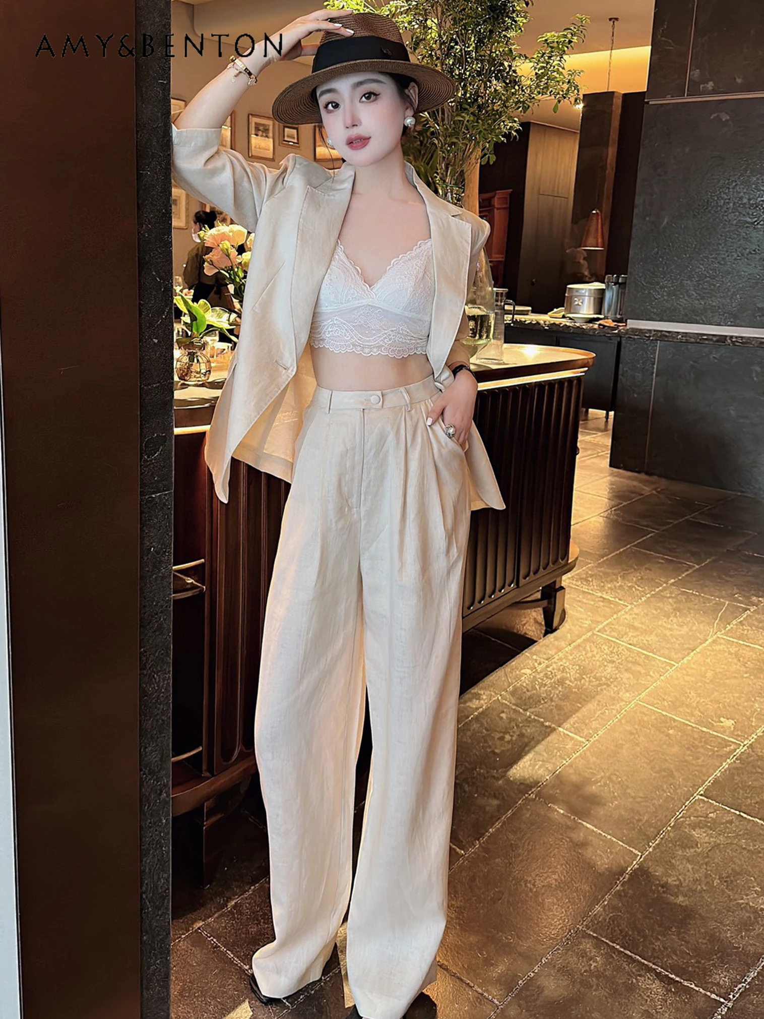 

High Sense Fashion Suit Business Suit Summer Office Lady Solid Color Linen Slim Coat Wide Leg Pants 2 Piece Sets Womens Outfits