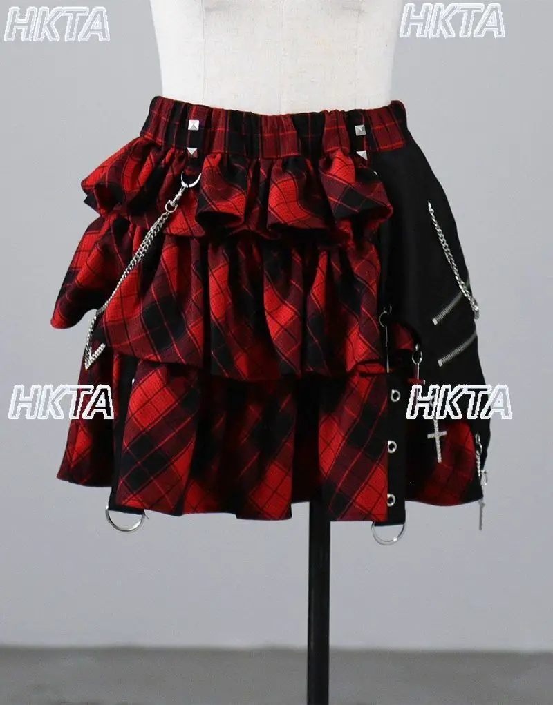 

Japanese Style Dark Punk Subculture Embroidery Letter Cross Short Skirts Women Autumn Ruffled Edge A Line Red Plaid Skirt Girl