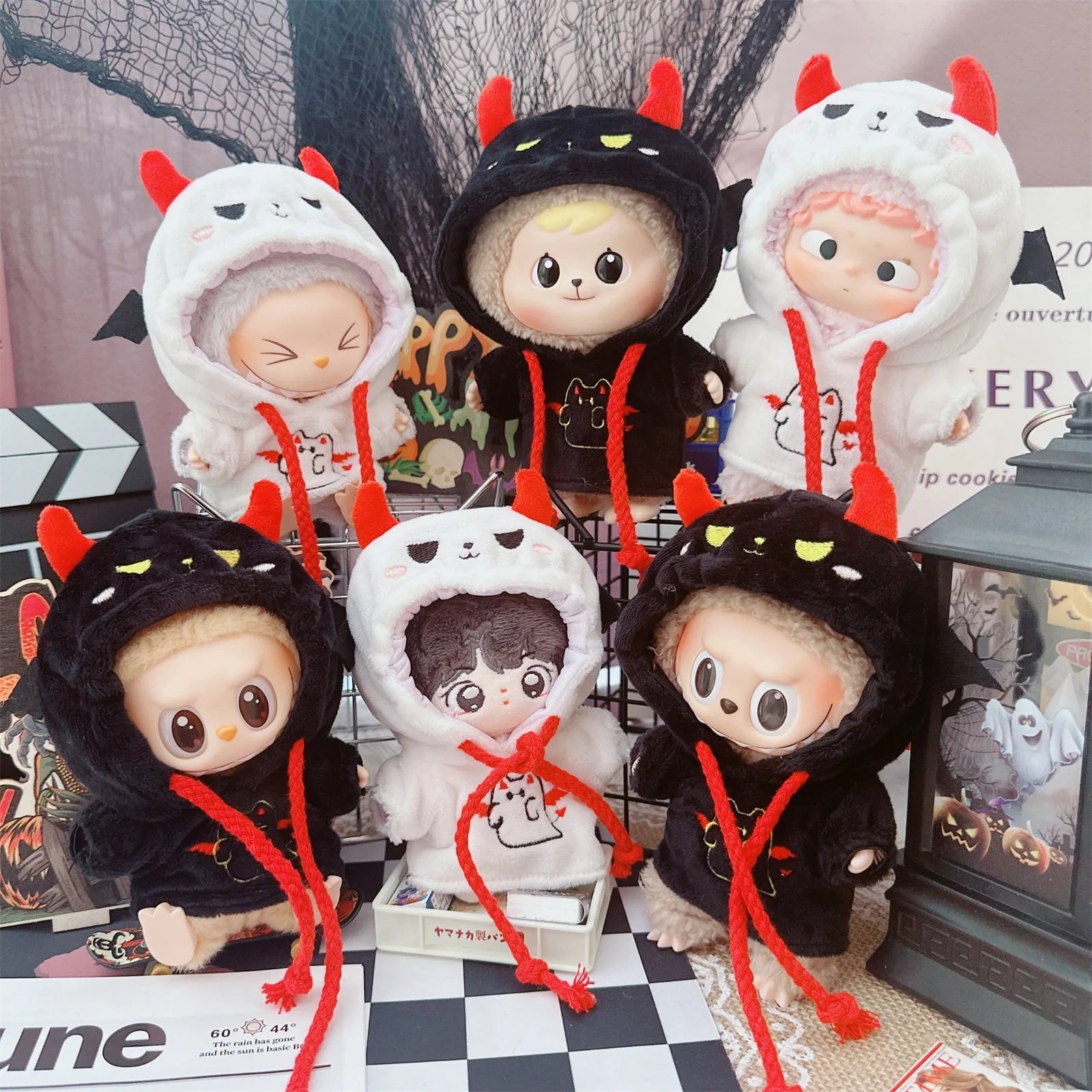 

10cm New Halloween Ghost Black White Hoodie Coat Plush Doll Clothes Kawaii Soft Dress Up Idol Doll Clothes for Girls Kids Gifts