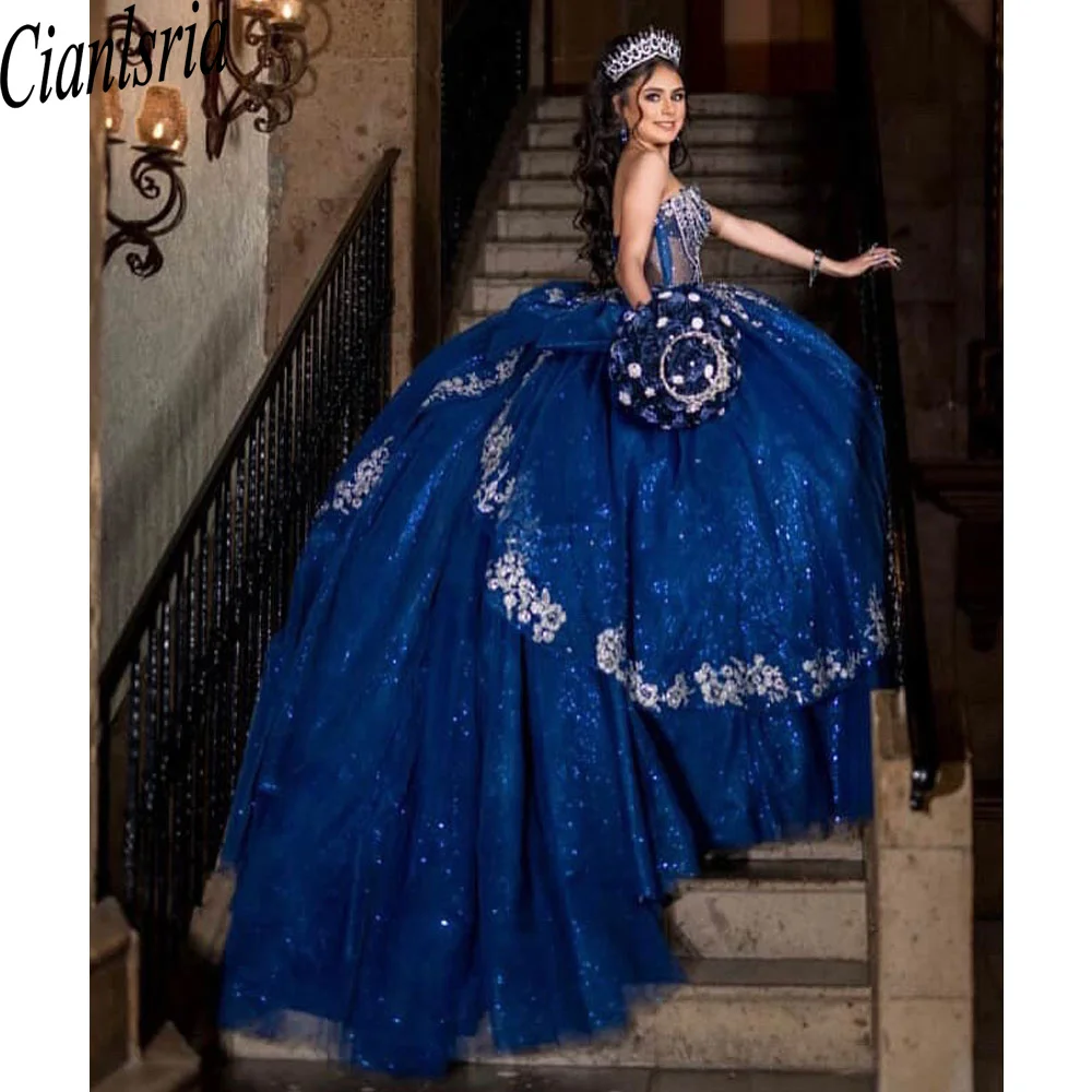 

Королевские синие платья Quinceanera с аппликациями и расклешенными рукавами, халат без бретелек Princesse Bleu Femme по индивидуальному заказу
