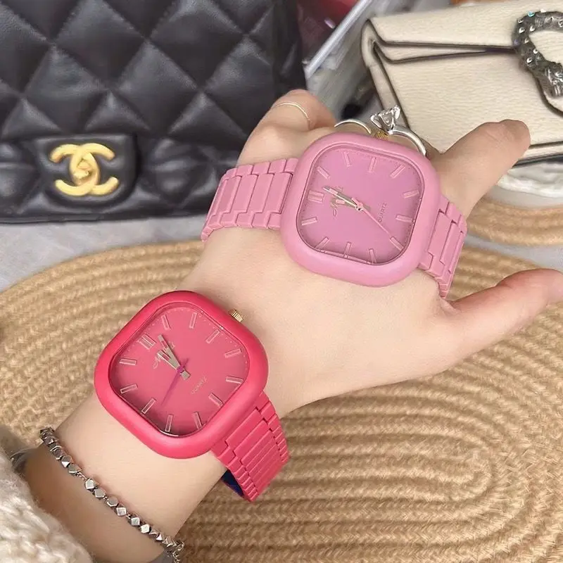 Fashionable Young Girls Like Candy Colored Steel Strip Square Quartz Watches, Casual Waterproof Sports Large Dial Watches