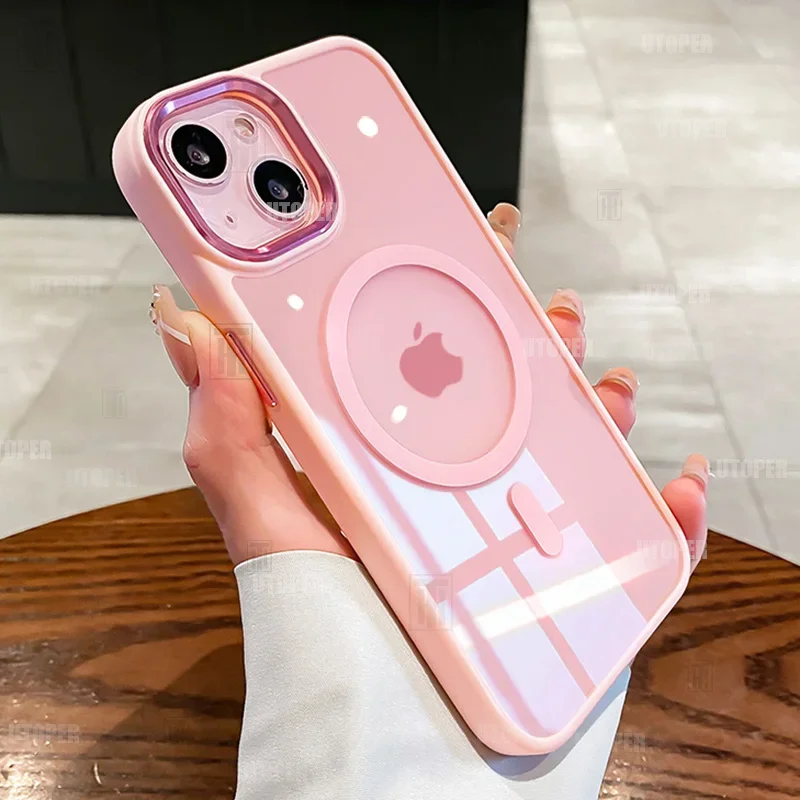 Fashion Cherry Blossom Pink Phone Case For iPhone 16 15 14 13 12 11 Pro Max 16 Plus Transparent Magsafe Magnetic Protector Cover