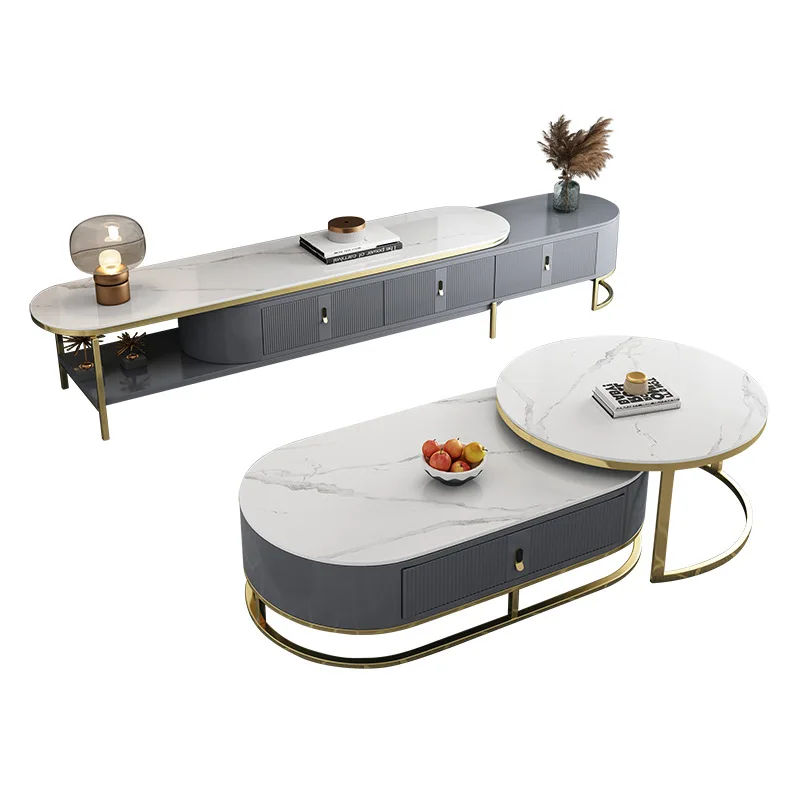 

Light luxury rock slab telescopic round coffee table combination simple modern small