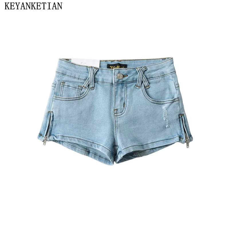 

KEYANKETIAN New Launch Women's Zipper Low-rise Skinny Denim Shorts Street style Zipper Decoration Soft Stretch Jeans Hot Shorts