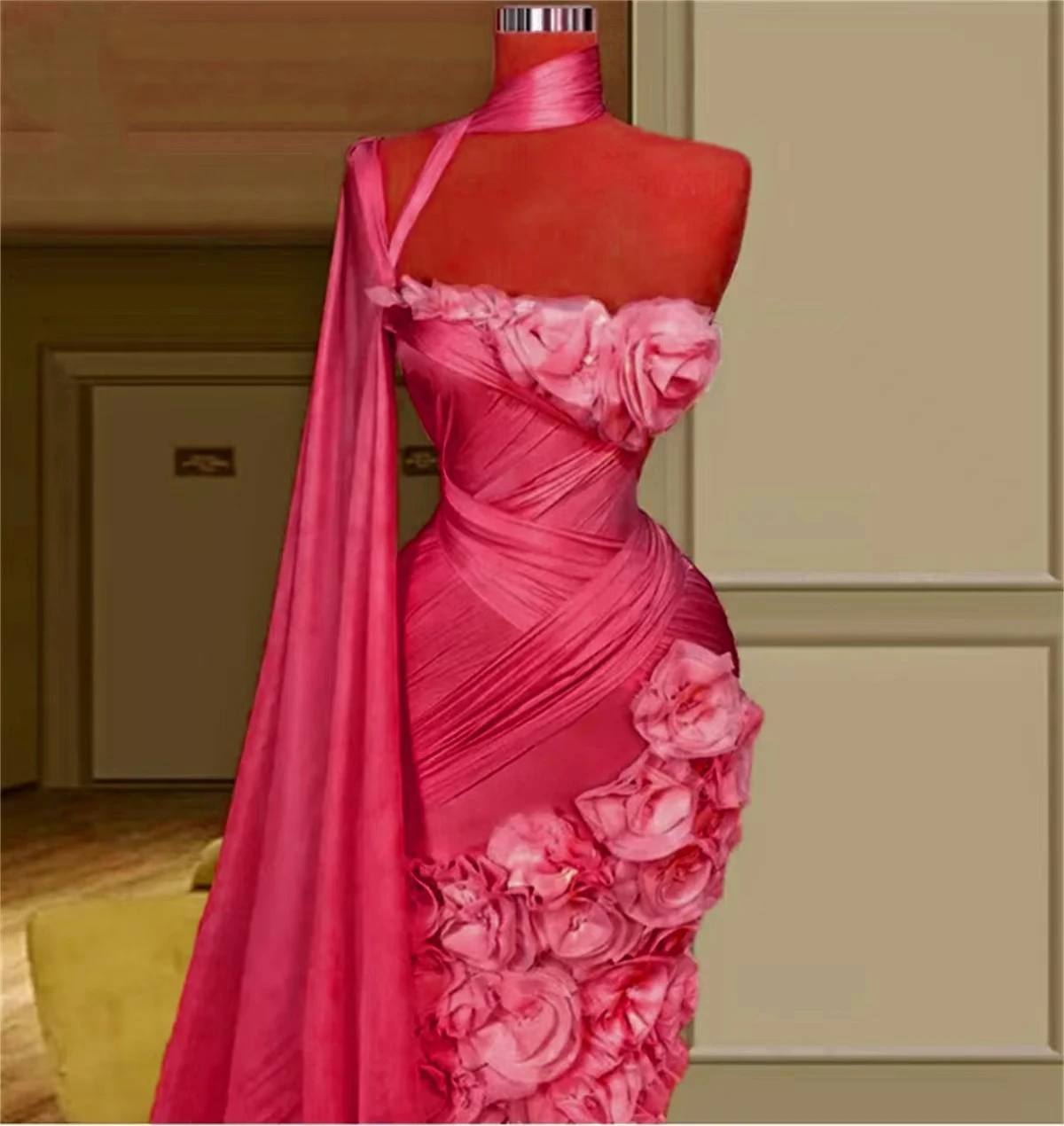 Elegant One Shoulder 3d Flower Satin Mermaid Evening Dress Fashion Sleeveless Ruched Cap Sleeve Prom Party Gown 2024 New Pink