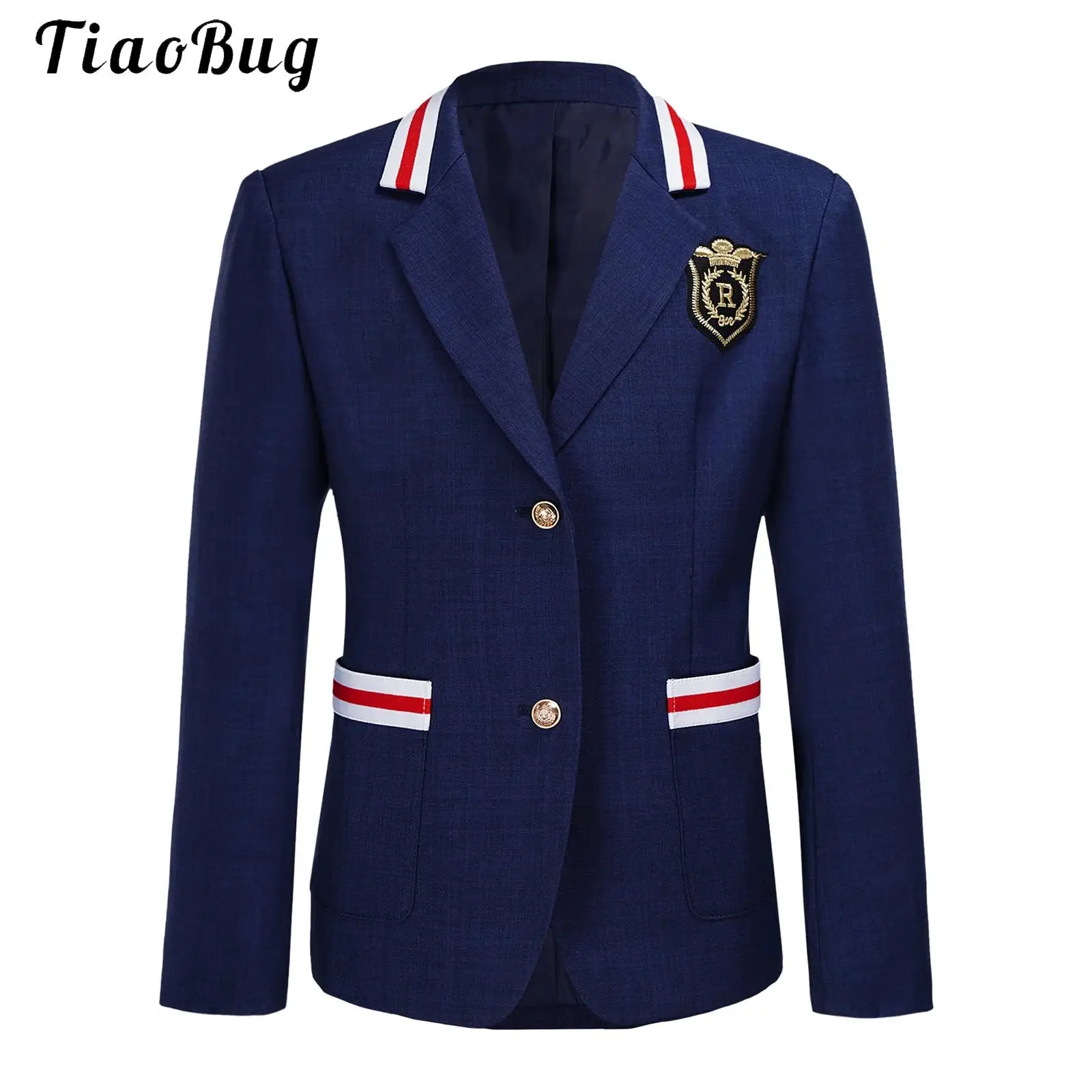 Unisex Kids Boys Girls School Uniform Striped Trim Blazer Lapel Long Sleeve Button Jacket with Pockets Children Formal Tuxedo