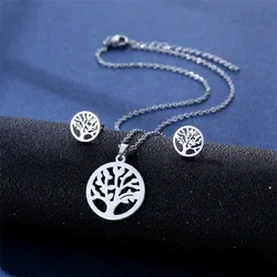 316L Tree of Life Stainless Steel Neck Chain Necklace Earring Set Lucky World Tree Choker Chain Jewelry Sets for Women Girl TZ98