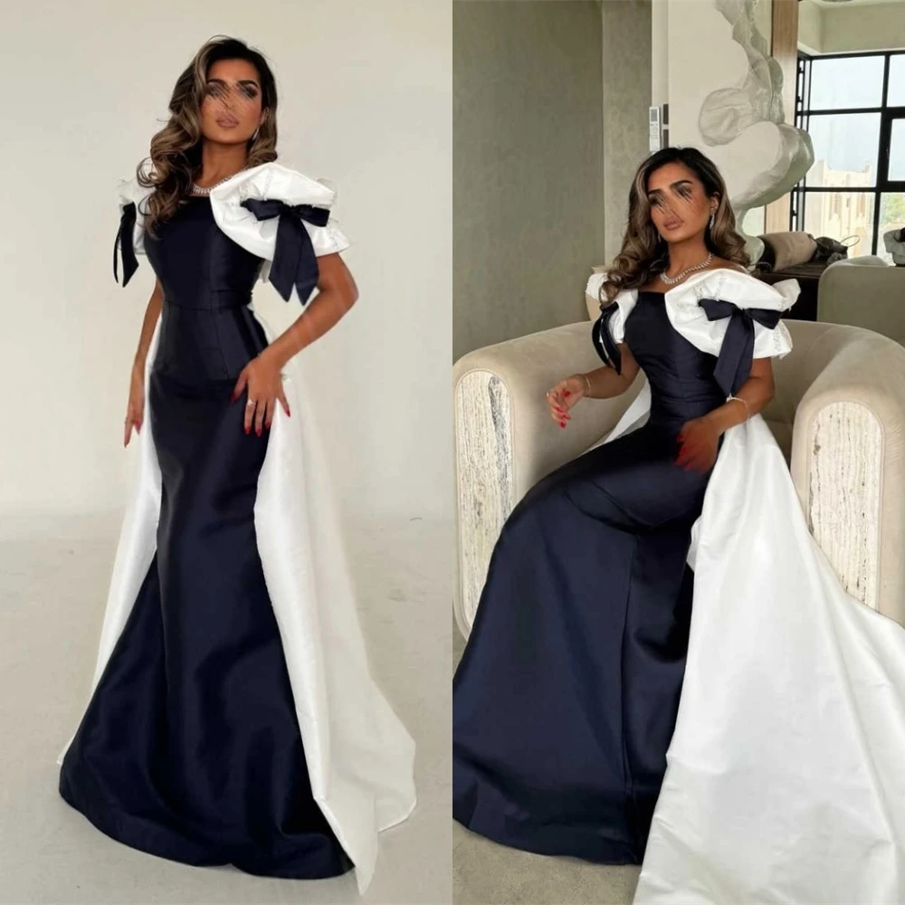 

Customized Delicate Black Satin Evening Dress Elegant Graceful Square Collar Short Sleeves Cocktail Dress Classic Party Dress