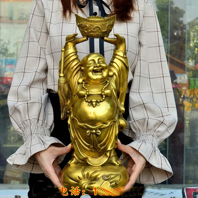 42cm large HOME Shop company thriving business Money Drawing Good luck God of wealth CAI SHEN Maitreya Buddha brass statue