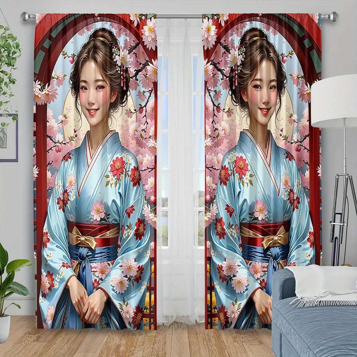 Japanese Girl Curtain, Blue Kimono Geisha Print Drapes, Sakura Floral Window Curtains, Asian Art Home Decor