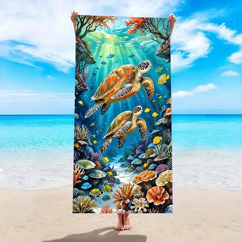 Microfiber Beach Towel, Underwater Paradise with Sea Turtles & Coral Reef Design, Quick-Dry & Soft, Modern Cartoon Style