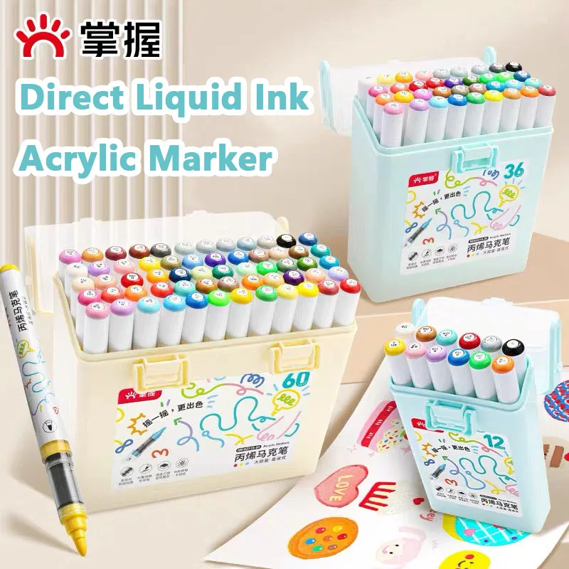 12/60 Colors Direct Ink Acrylic Paint Marker Pens Hard/Brush Tip For Rock Drawing Graffiti Pens School Stationery Art Supplies