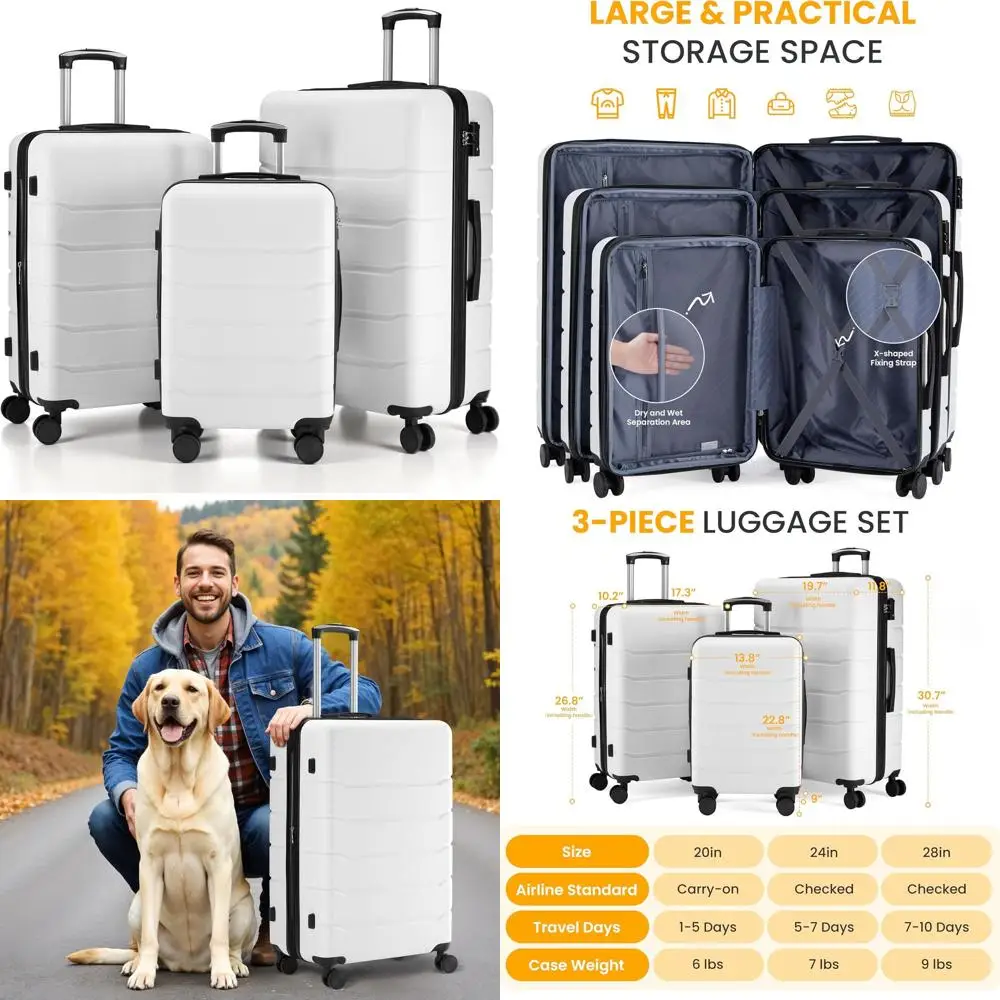 

3-Piece Expandable Hardshell Luggage Set with Spinner Wheels, TSA Lock, White (20/24/28)
