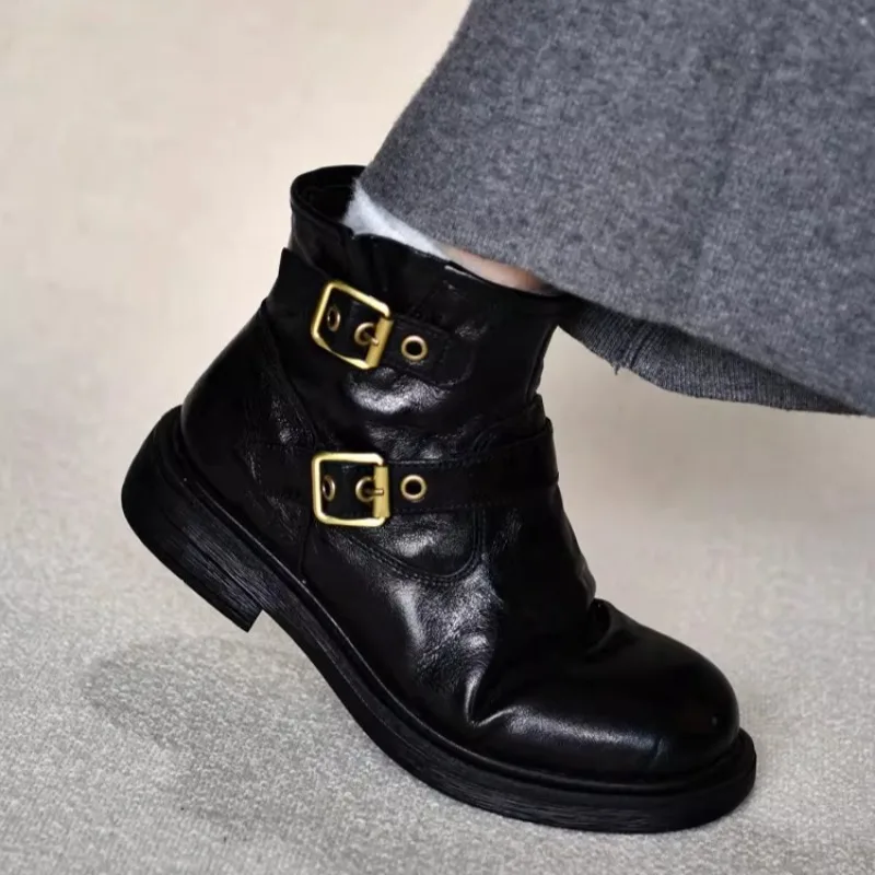 New Genuine Leather Buckled Riding Boots Women Black British Style Side Zipper Casual Outdoor Work Chelsea Boots Male Shoes