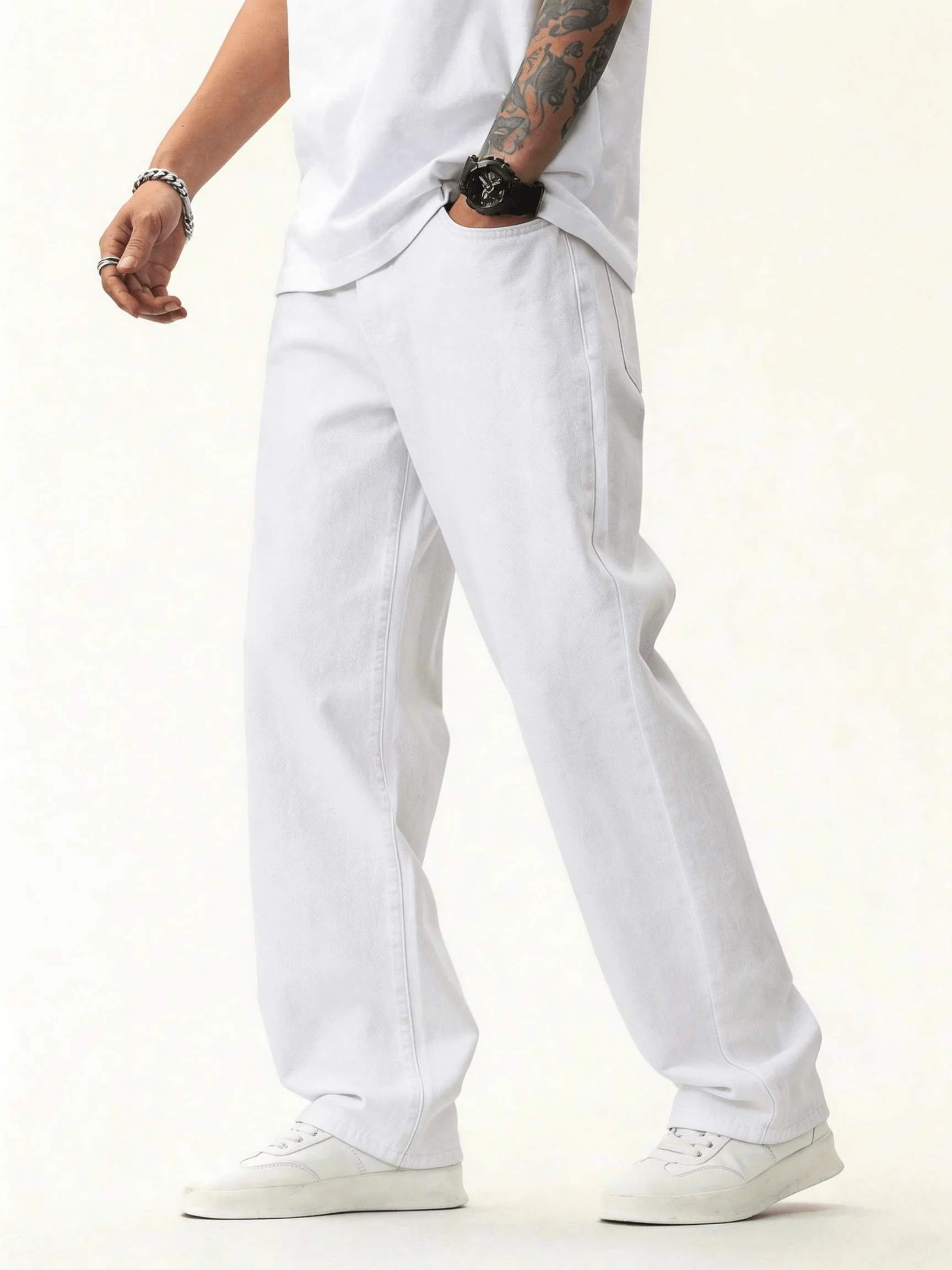 American High-Street White Loose-Fitting Men Jeans,Men Trendy Baggy Wide Long Pants Stylish And Versatile Minimalist Trousers