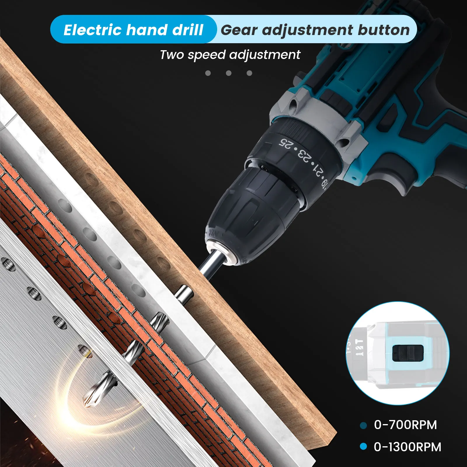 Podofo 21V Kabelloser Bohrschrauber Elektroschrauber-Set 25+3 Geschwindigkeitsstufen Schlagbohrer 3 Funktionen Bohrhammer Mit Akku – Detail 1