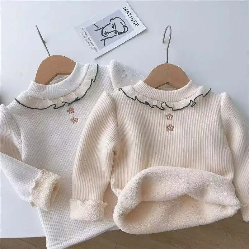 

Toddler Baby Winter Velvet Sweater Shirts Children Cute Flower Base Tops Kids Fall Long Sleeve Warm Pullover Shirt fits 1-7Y