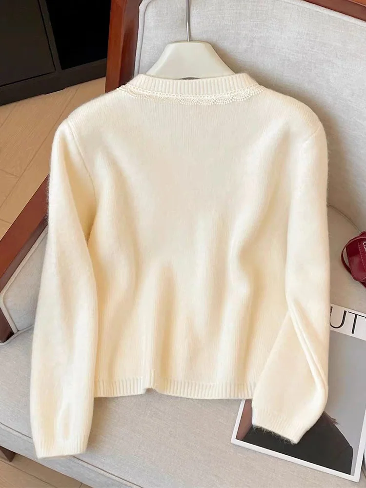 Damski kardigan z kokardą, długi rękaw, uroczy, z koronkowymi wstawkami, vintage, dzianinowy sweter, styl japoński preppy, słodki, casualowy, retro top, nowy