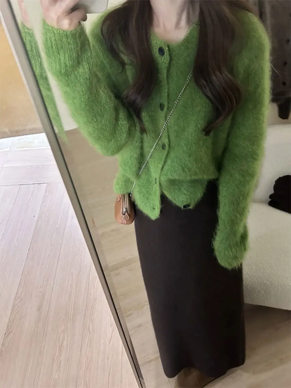 

Green Knitted Open Cardigan Women's Autumn Winter Soft Fluffy Sea Sweater Outerwear Loose Top Casual Style Long Sleeve