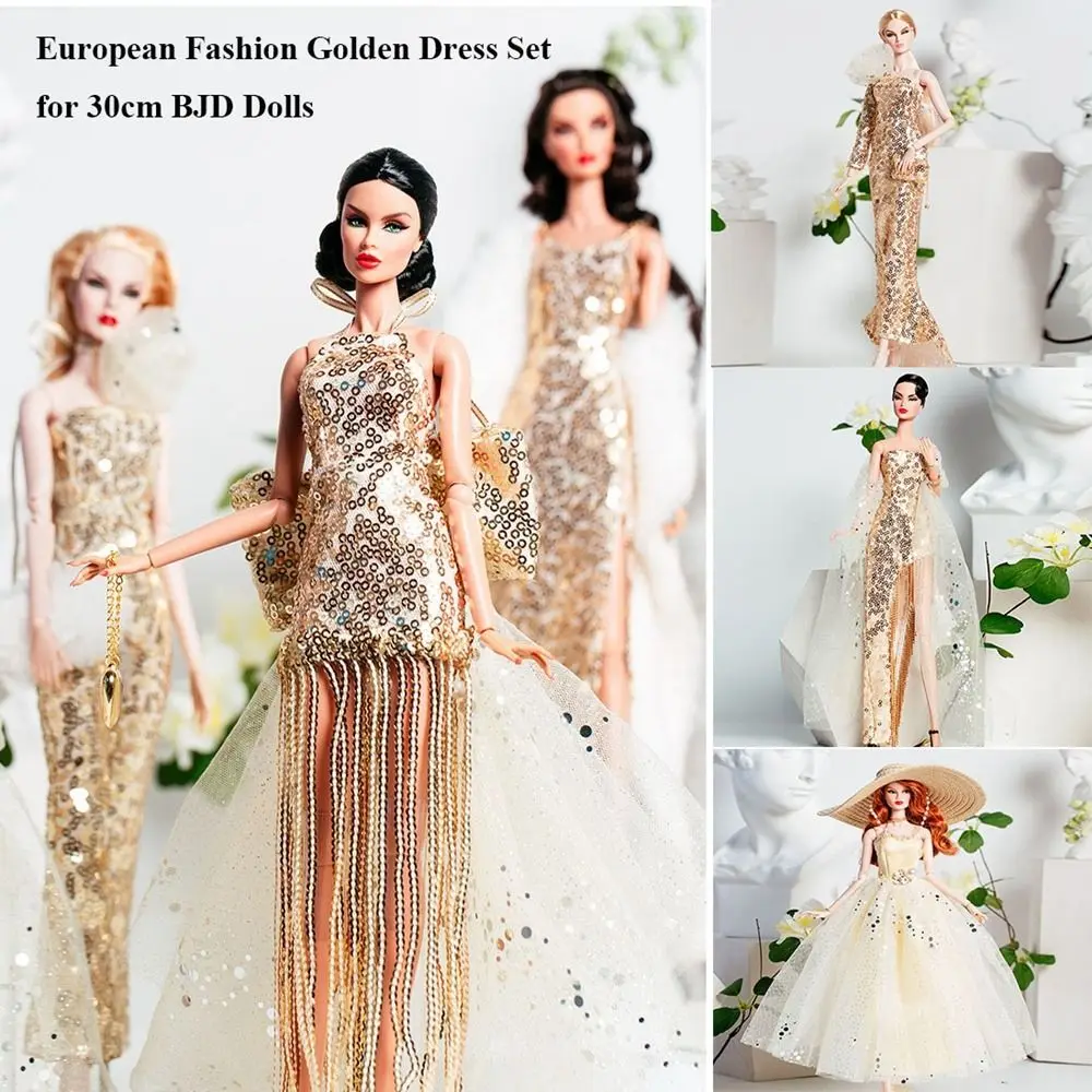 Novo conjunto de vestido dourado de renda europeia diy 6 estilos vestidos de casamento moda boneca roupas acessórios para boneca bjd de 30cm