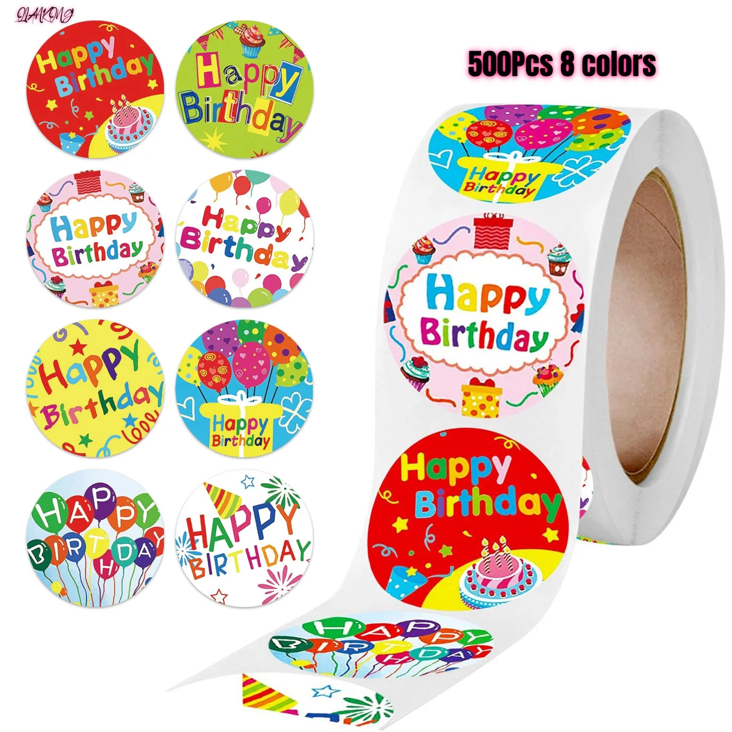 

QIANKONG 500Pcs 8 Kinds Of Happy Birthday Stickers 1 Inch Round Party Gift Wrapping Cake Scrapbook Card Decoration Label