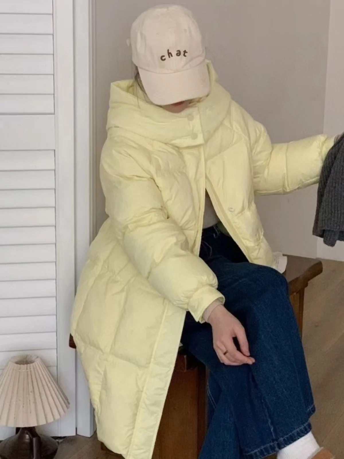 Damen-Daunenmantel mit Kapuze, mittellang, Thiened, warm, 90 % weißer Du-Federmantel, koreanischer Sle Commute Memory-Stoff, Polyester...