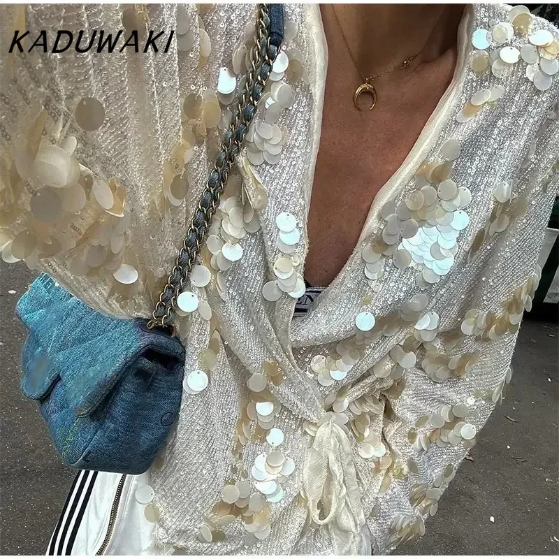 

KADUWAKI Women's Shiny Jacket Solid V-Neck Lace-up Sequined Long Sleeve Coats Streetwear Female Autumn Casual Top Jacket Outfits