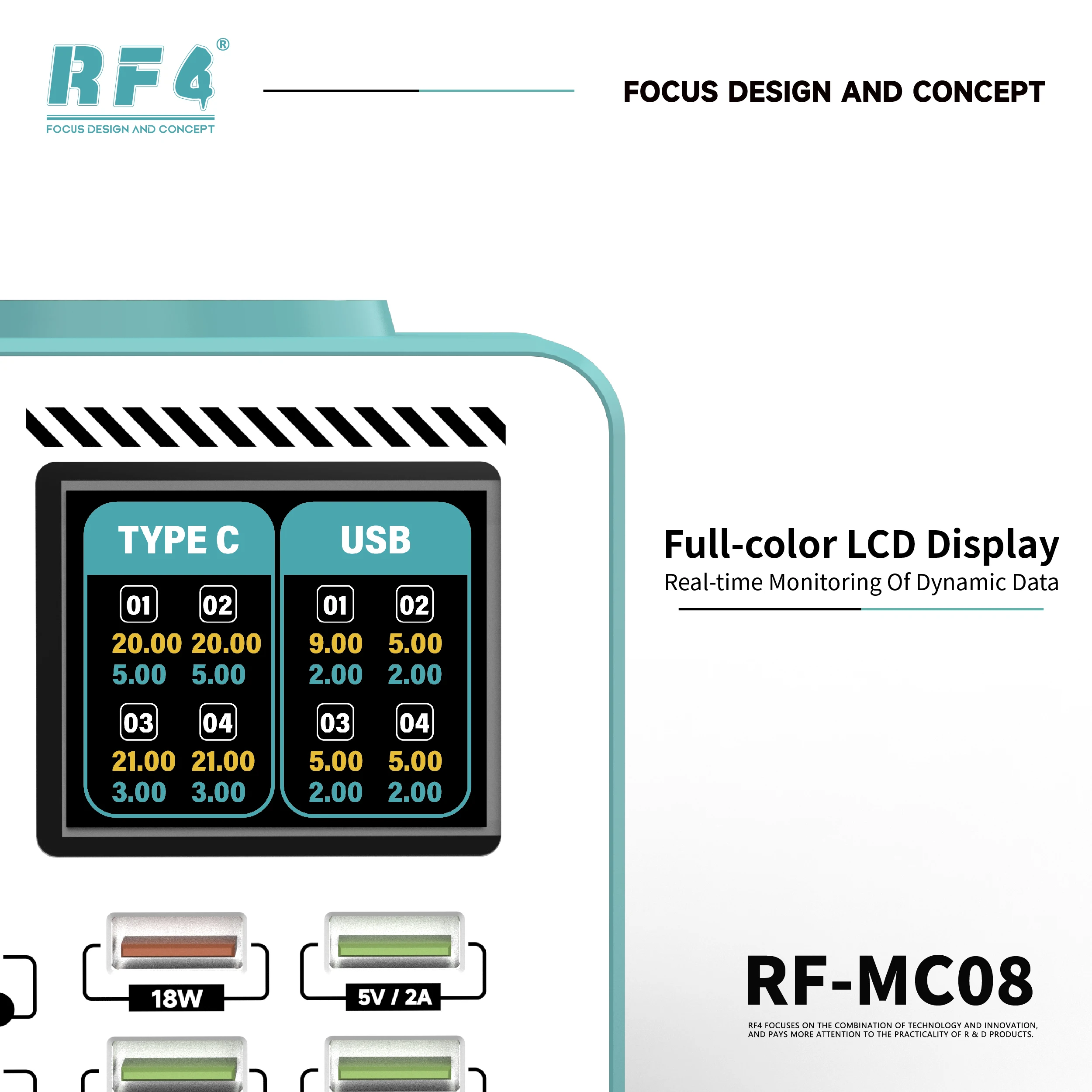 

RF4 RF-MC08 Smart Multi-Port Charger Support Multiple Fast Charging Protocol For Mobile Phone Tablet Laptop Smart Charging Tools