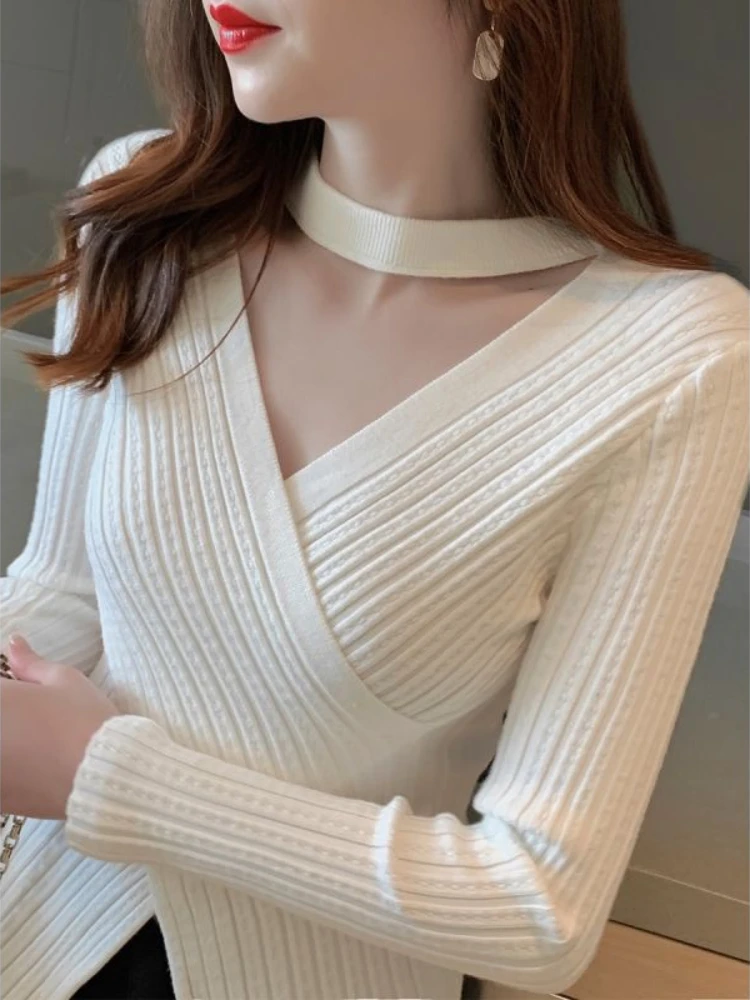 Hanging Neck Sweater Women\'s Autumn/Winter New V-Neck Hollow Sexy Knitwear Long Sleeve Underlay Pullover Underlay Irregular Top