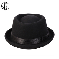 FS 2024 Black Pork Pie Hat Wool Felt Bow Mens Fedora Jazz Cap Church Panama Gangsters Caps Gentlemen Fashion Porkpie Hats