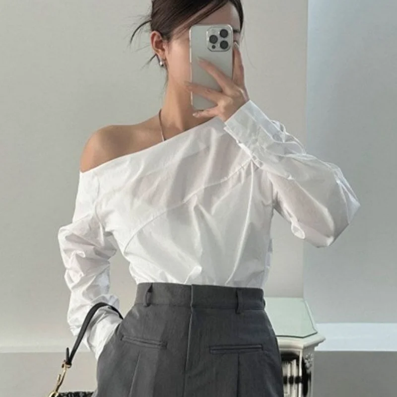 Fashion New White Women Blouse Sexy Off Shoulder Long Sleeve Shirt Office Lady Elegant Casual Cotton Tops