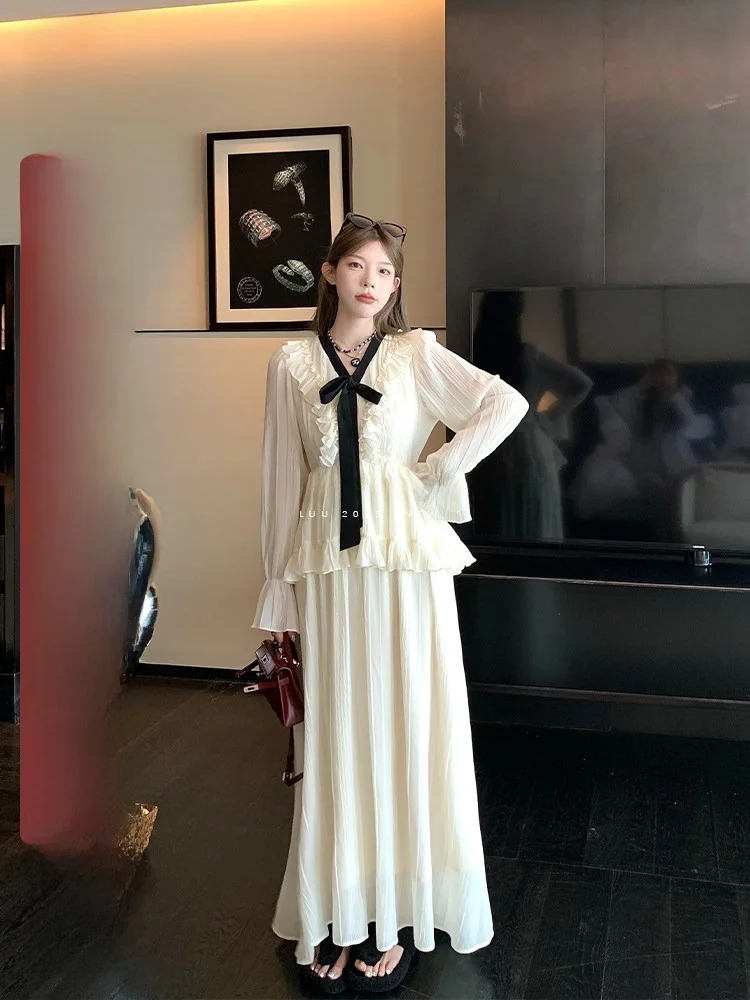 

White Long Sve V-Ne Loose Women's Dr Spring Autumn Design Sense Small ence Skirts Commute Sle l Waist