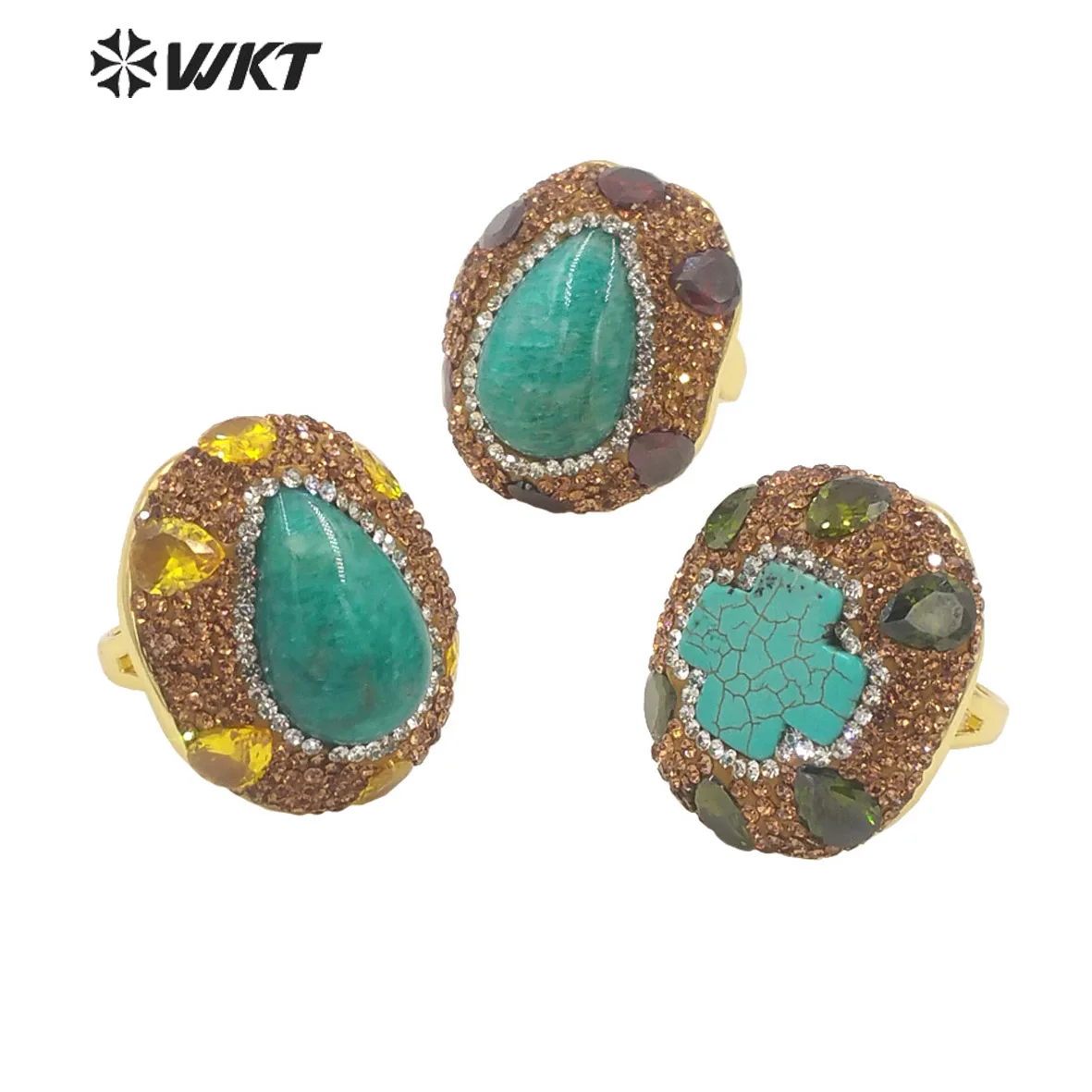 WT-R498  Classic Style Amazonite & Turquoise Ring 18K Gold Plated Yellow Brass Accessory Women Jewel Birthday Party NEW