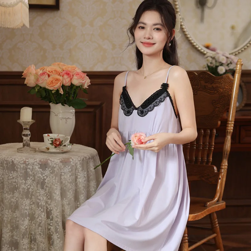 

Женская хлопковая ночная сорочка без рукавов из сетки, пижама в стиле принцессы, свободная ночнушка, домашняя одежда для сна