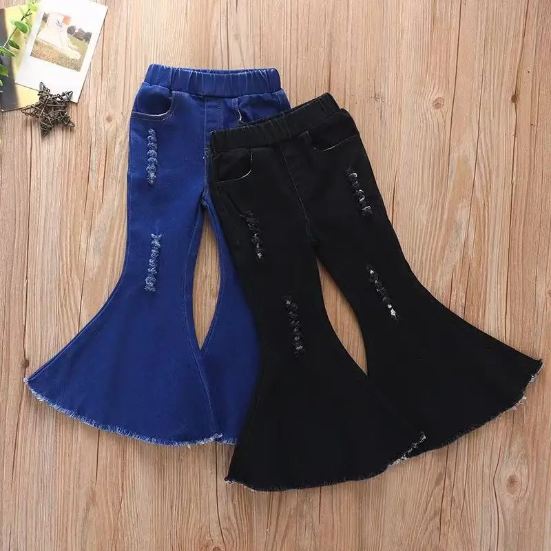 European Style Kids Denim Flared Trousers Black Ripped Stretch Slim Jeans for Girls for 18M-6Y