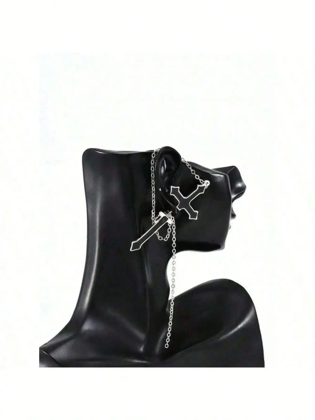 1pc Black Cross Integrated Stud Earring With Chain Edgy Fashionable Suitable For Women's Daily And Festival Wear view 2