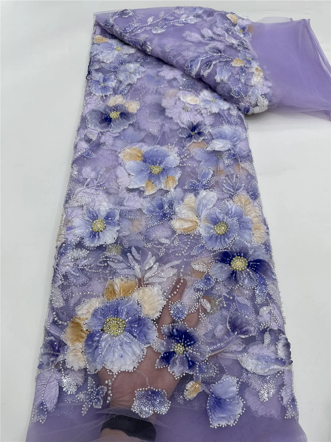 5 Yards Luxury African Lace Tulle Fabric French 3D Flower Embroidered Applique Sequins Fabrics For Party Sewing Material -RF