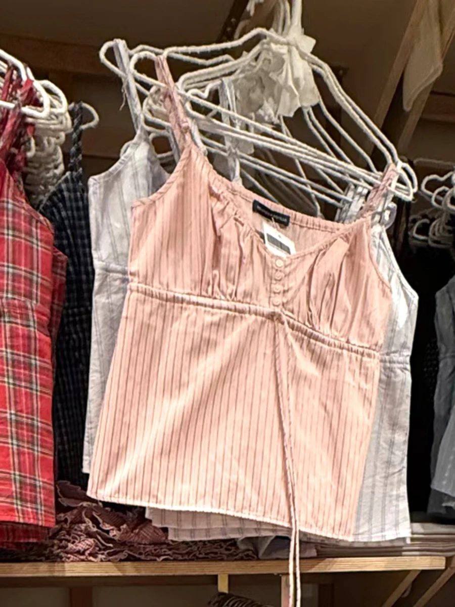 

Розовый полосатый тонкий топ на шнурке, женский летний топ на пуговицах с v-образным вырезом, без рукавов, милый консервативный стиль, новые милые укороченные топы Y2k