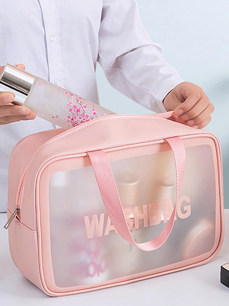 1 Stück PU Transparente Dreiteilige Kosmetik- und Toilettenartikel-Tasche, Große Kapazität PVC Halbtransparente Mattierte Tragbare Aufbewahrungstasche – Detail 6
