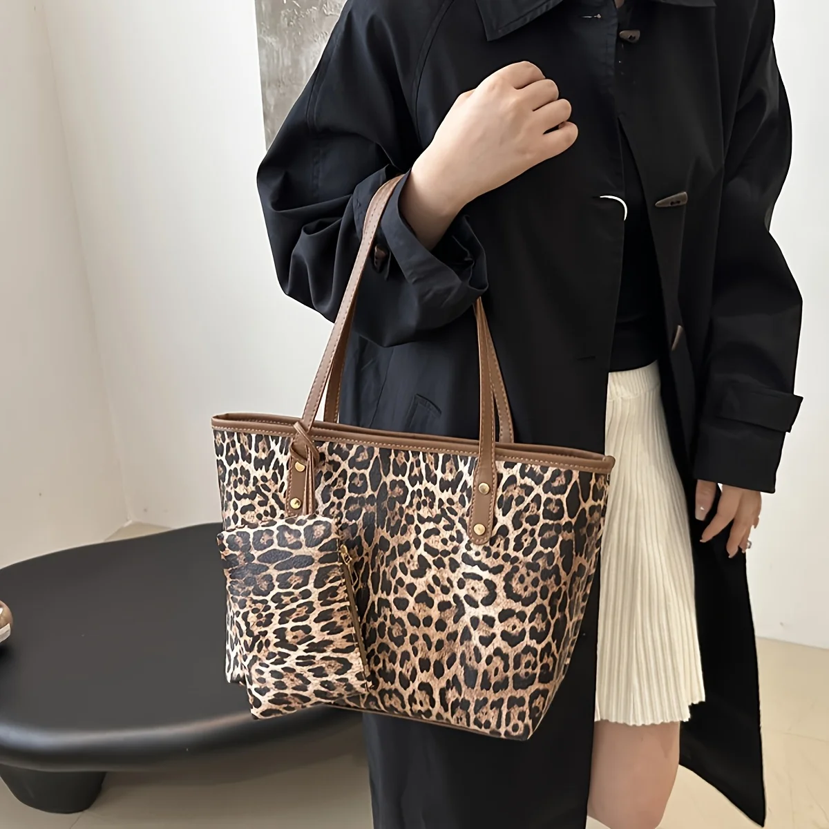 Leoparden-Schultertasche, Retro-Tierdruck-Handtasche mit großer Kapazität und Geldbörse, modische Casual-Style-Designer-Einkaufstasche – Detail 3