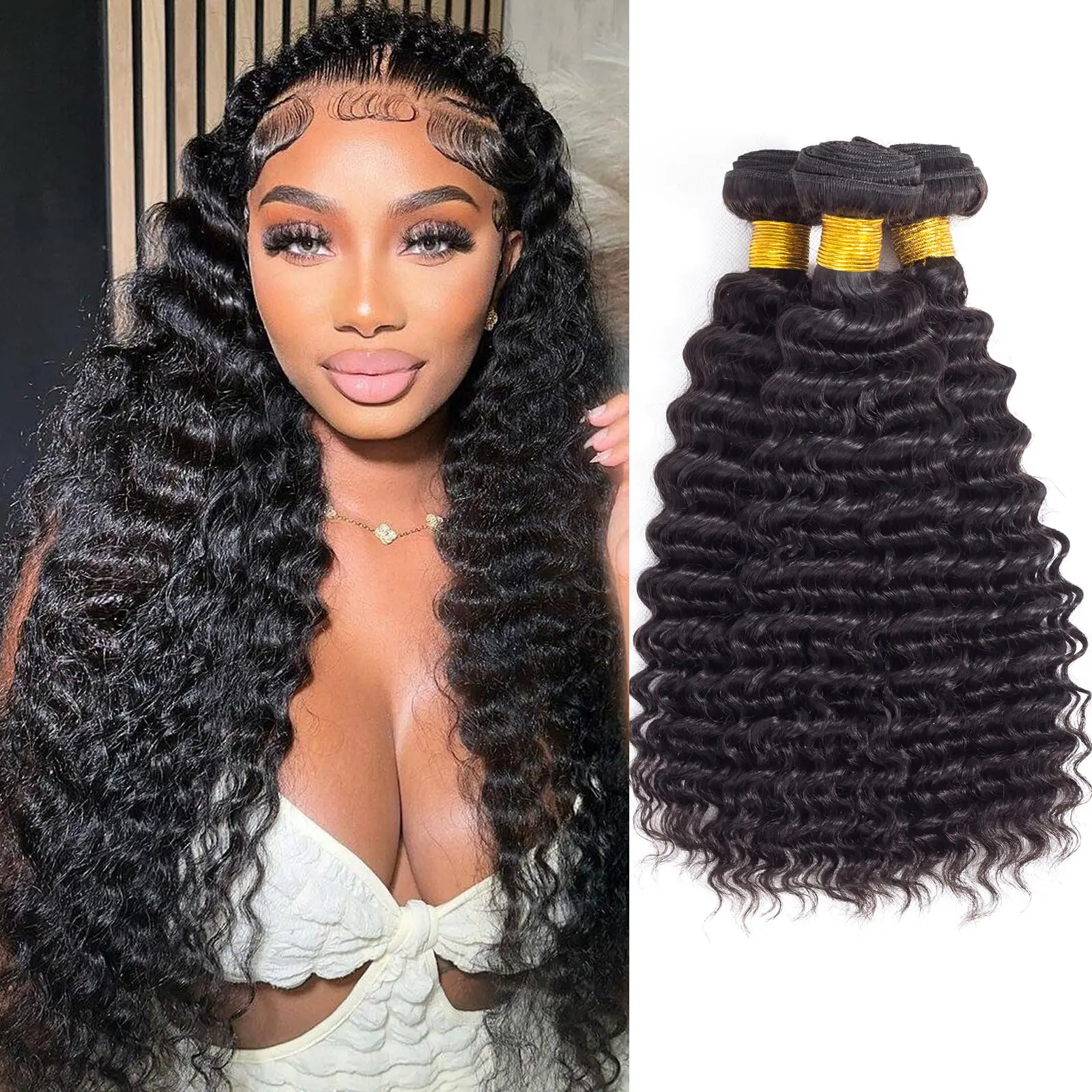 2/3/4 Bundles Human Hair 10A Brazilian Virgin Curly Human Hair Bundles Double Weft Deep Wave Bundles Natural Black Color