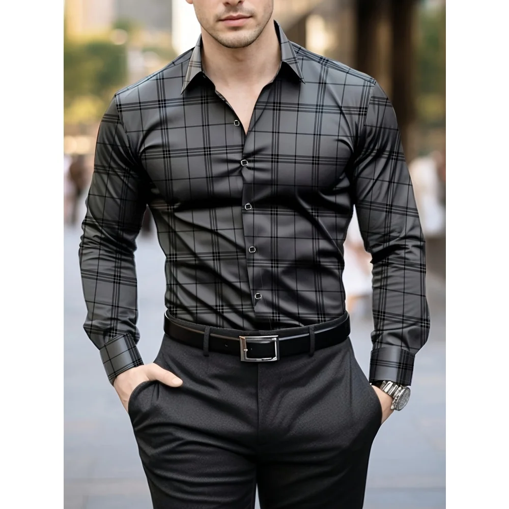 

Men's Trendy Geometric Line Print Long-Sleeved Shirt Men's Plaid Colors Personality Fashion Slim Lapel Casual Versatile Shirts