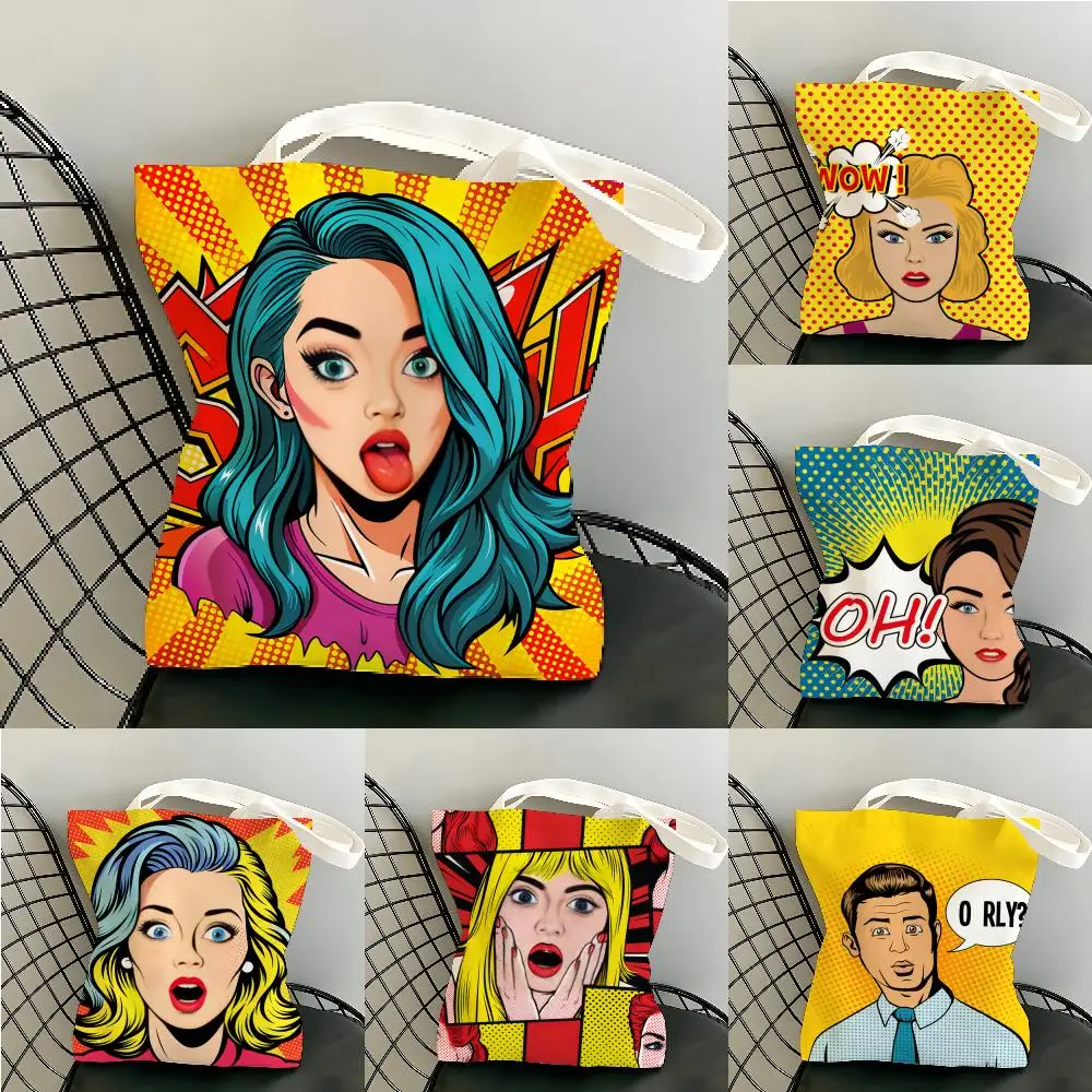POP Comic Portrait COOL Storage Bags Canvas Tote Bag Women Large Capacity Reusable Eco Shopping Shoulder Handbag