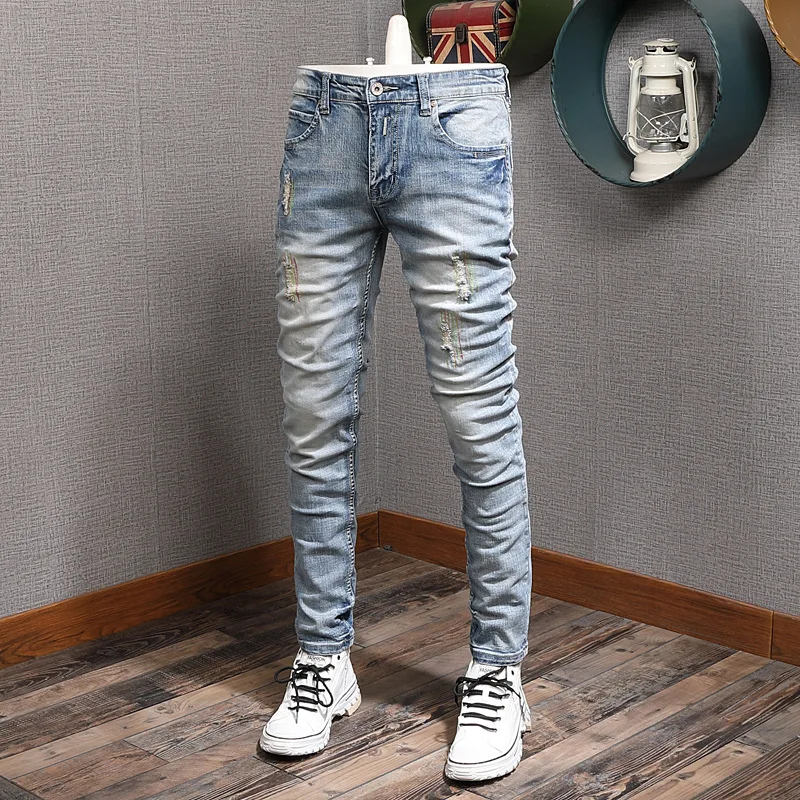 

2025 spring and summer light colored distressed patch elastic jeans for men, retro slim fit, small foot trend, heavyweight pants