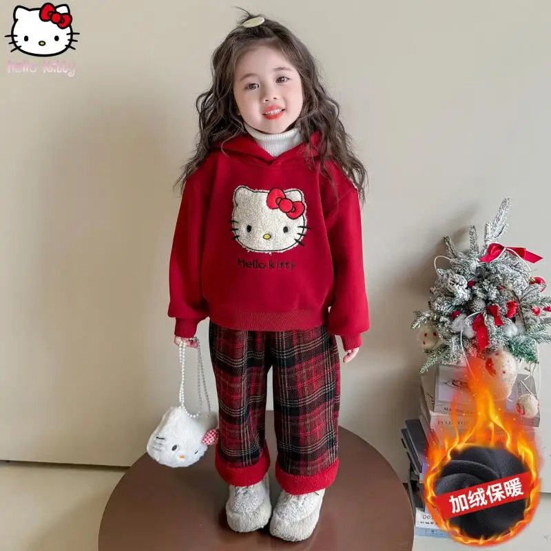 

New Kawaii Cat Girl Thickened Hooded Sweatshirt Pants Suit Cartoon Winter Warm Anime T Shirt Girls Tops Plaid Pant Two Piece Set