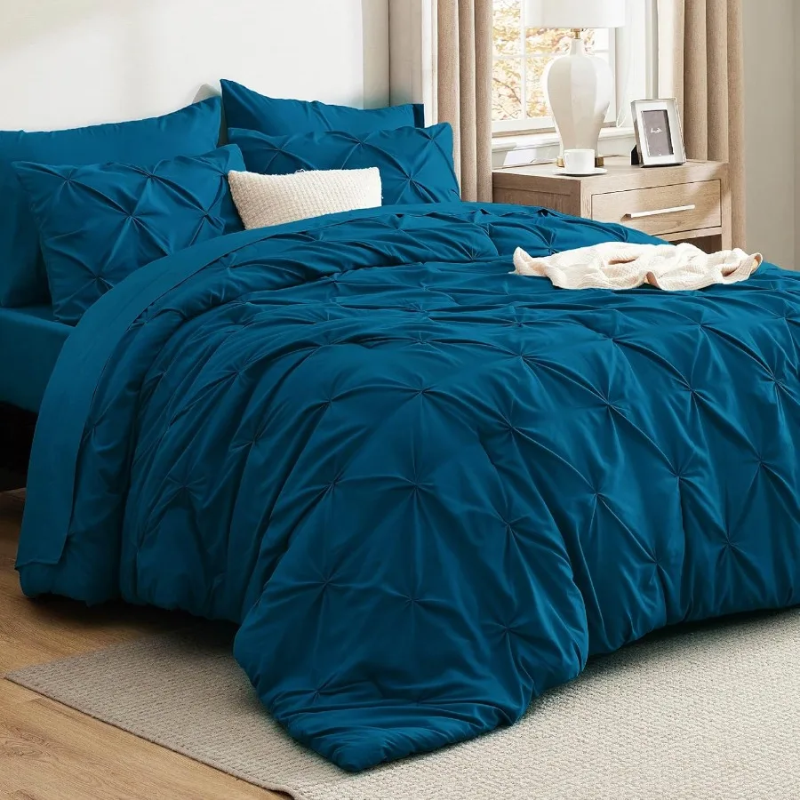 

Queen Comforter Set Teal Bed in a Bag 7 Pieces GentleSoft Pintuck Bedding All Season with Sheets Pillowcases Shams for Family G