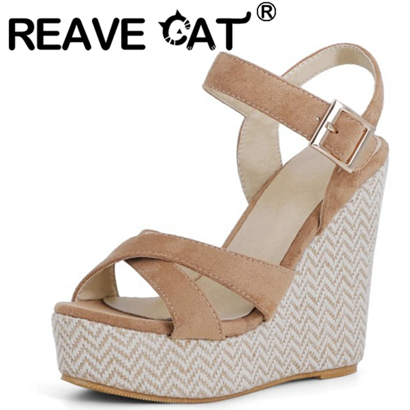 REAVE CAT 2021 Summer Slingbacks  Open Toe Stretch Fabric Buckle Cross Strap 12.5cm Wedge Sandal With Platform Size 30-48 Hemp