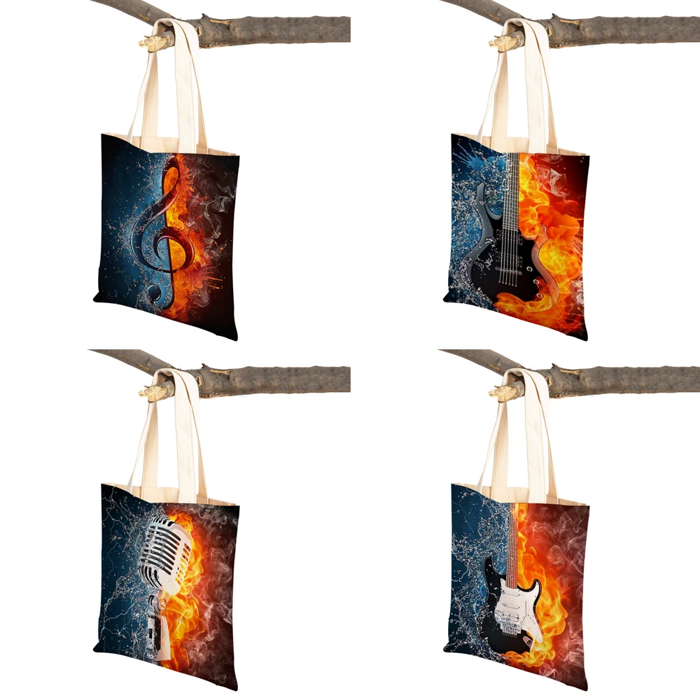 Fashion Music Note Tote Handbag for Women Guitar Microphone Violin Reusable Both Sided Print Casual Lady Canvas Shopping Bag